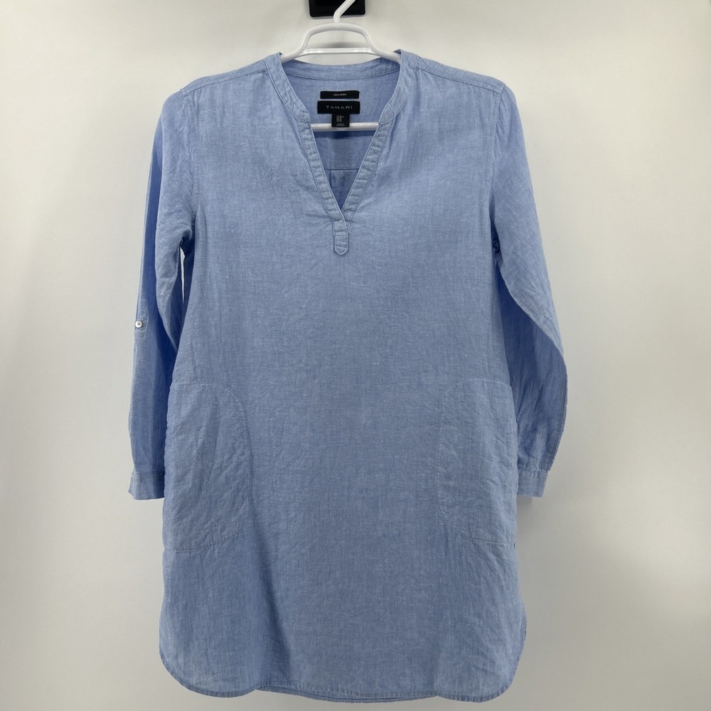 Tahari Tunic Dress Linen Women's Medium 10 Blue Coastal Casual Mom Vacation